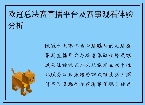 欧冠总决赛直播平台及赛事观看体验分析